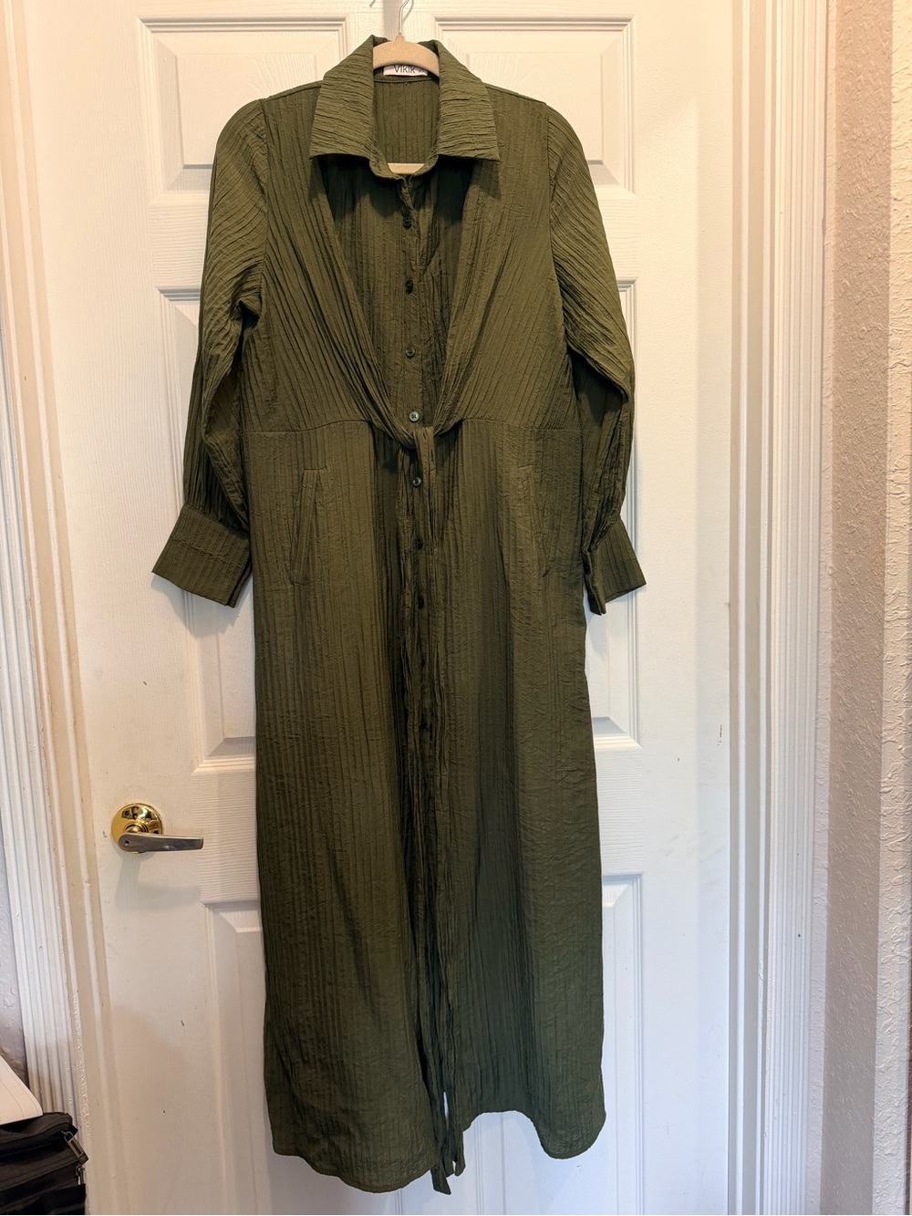 Long Olive Green Maxi Shirt Dress with Tie Waist